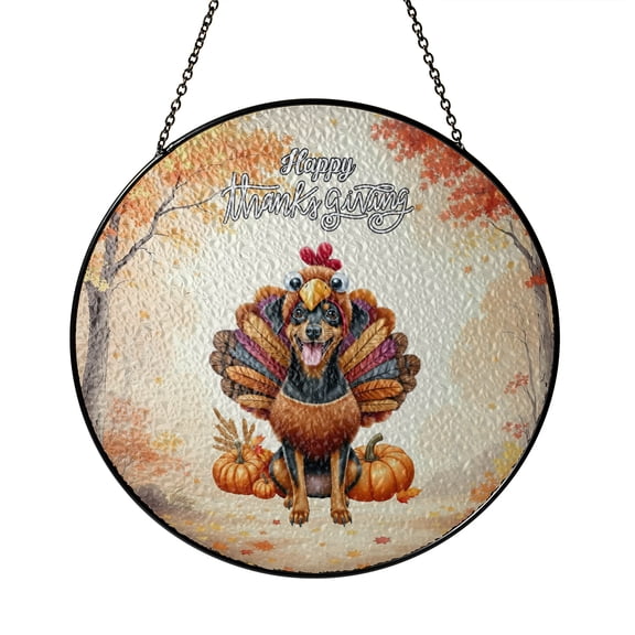 Happy Thanksgiving Miniature Pinscher Turkey Costume Pumpkins Autumn Leaves Stained Glass Suncatcher Mini Pin Dog Lover Window Hanging Sign Decor - 130144