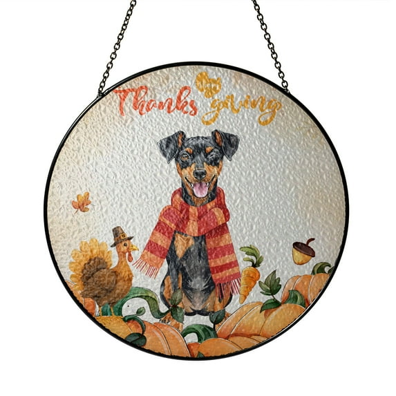 Happy Thanksgiving Miniature Pinscher with Turkey Pumpkins Autumn Vibes Stained Glass Suncatcher Mini Pin Dog Lover Window Hanging Sign Decor - 12018