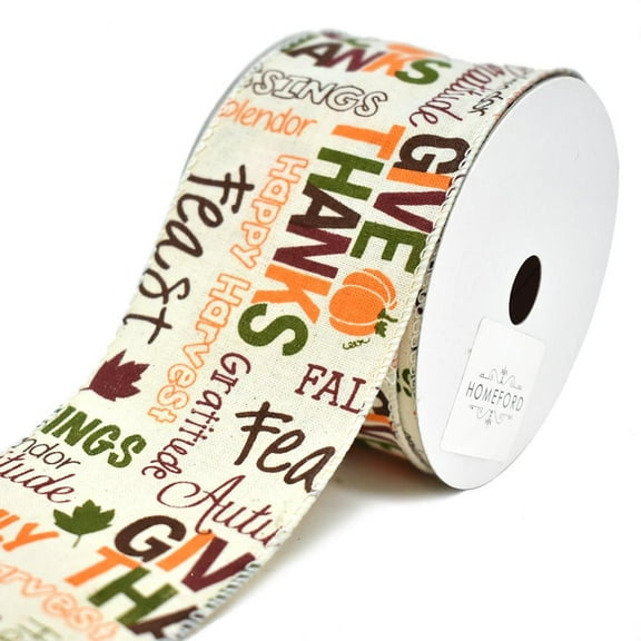 Happy Thanksgiving Muslin Wired Edge Ribbon, Ivory, 2-1/2-Inch