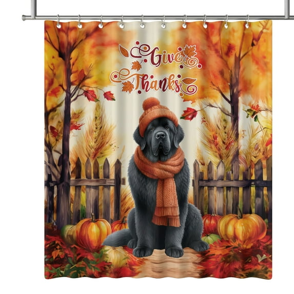Happy Thanksgiving Newfoundland Give Thanks Fall Beanie Scarf Welcome Shower Curtain Newfie Dog Lover Gifts Waterproof Bathroom Bathtub Curtain - 00020