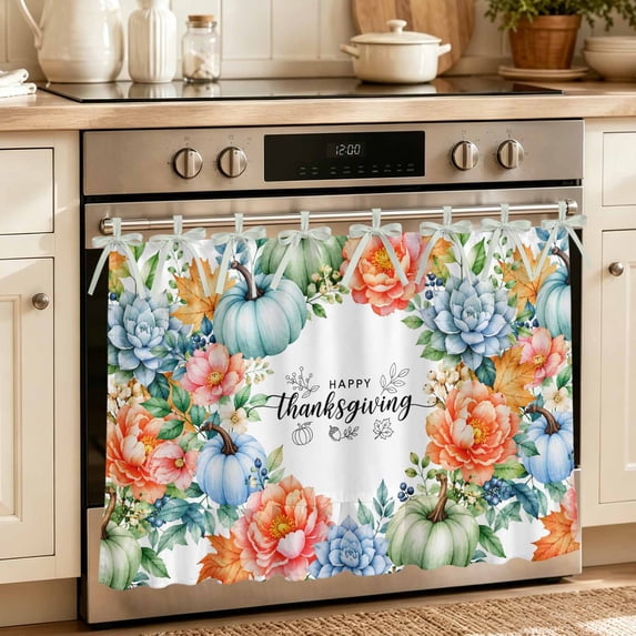 Happy Thanksgiving Oven Skirt for Farmhouse Kitchen Décor, Fall Pumpkins Botanical Wreath Oven Curtain Tie Top Decorative Stove Skirt, Cabinet Dish Washer Curtains with 8 Ribbon Ties 30"x21.5"