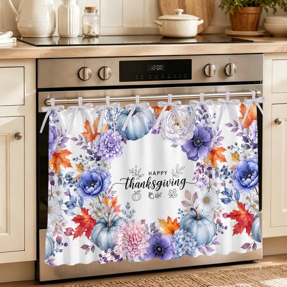 Happy Thanksgiving Oven Skirt for Farmhouse Kitchen Décor, Purple Floral Pumpkins Fall Wreath Oven Curtain Tie Top Decorative Stove Skirt, Cabinet Dish Washer Curtains with 8 Ribbon Ties 30"x21.5"