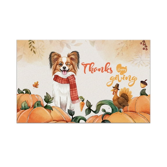 Happy Thanksgiving Papillon with Turkey Pumpkins Autumn Vibes Doormat Pap Butterfly Dog Lover Indoor Outdoor Welcome Mat - 12018