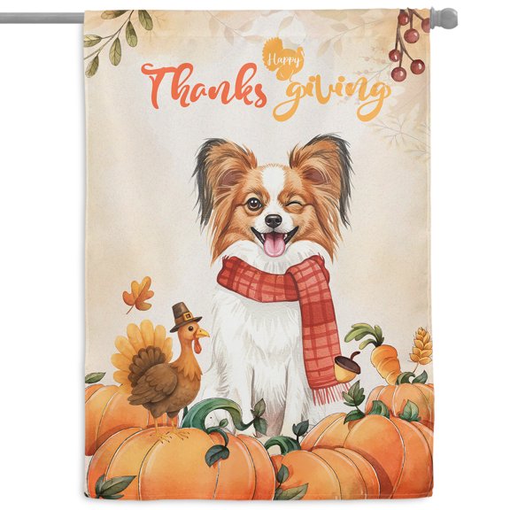 Happy Thanksgiving Papillon with Turkey Pumpkins Autumn Vibes House Flag 28x40in Double Sided Pap Butterfly Dog Lover Outdoor Decor - 12018