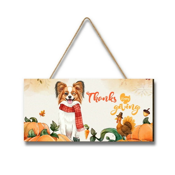 Happy Thanksgiving Papillon with Turkey Pumpkins Autumn Vibes Landscape Wood Sign Pap Butterfly Dog Lover Hanging Wall Home Decor - 12018