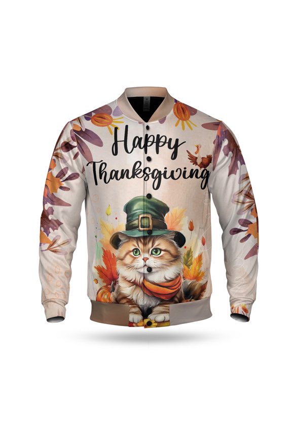 Happy Thanksgiving Persian Welcome Thankful Fall Autumn Pumpkin All Over Print 3D Baseball Jacket Cat Lover Kitten Owner Gifts Bomber Jacket Softball - 02021