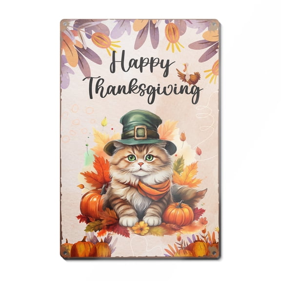 Happy Thanksgiving Persian Welcome Thankful Fall Autumn Pumpkin Vertical Metal Aluminum Sign Cat Lover Kitten Owner Gifts Wall Art Home Decor - 02021