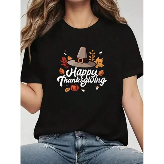 Happy Thanksgiving Pilgrim Hat T-Shirt - Fall Leaves Pumpkin Graphic Tee, Soft Cotton Blend, Crew Neck, Breathable Fabric - Perfect For Thanksgiving Dinner, Family Gatherings, Autumn Festivals