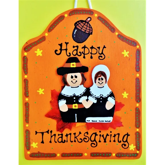 Happy Thanksgiving Pilgrim Sign Wall Plaque Family Home Fall Autumn Decor