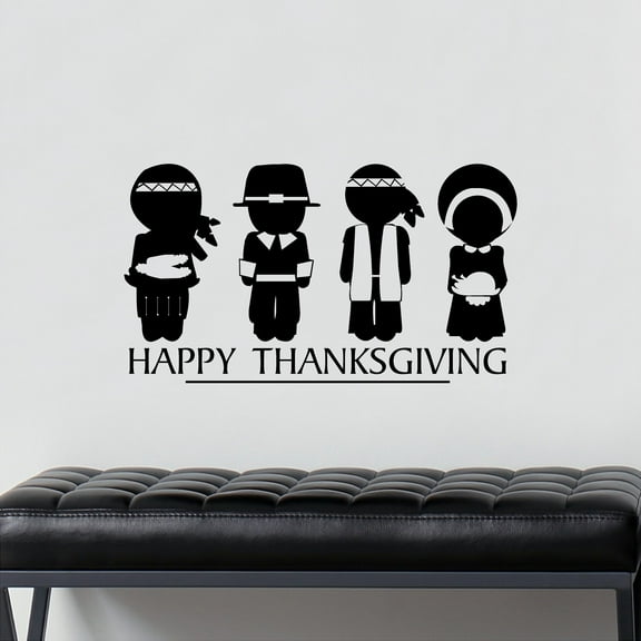 Happy Thanksgiving Pilgrims and Indians Vinyl Lettering Wall Decal Sticker Fall Decals Size: 12.5"H x 22"L Color: Black