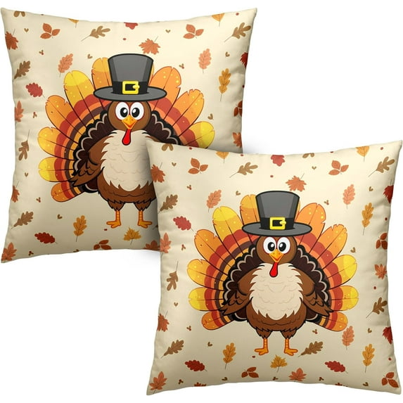 Happy Thanksgiving Pillow Covers 18x18 Cute Cartoon Turkey with Fall Maple Leaves Throw Pillow Covers Square Cotton Blend Pillow Case Set of 2 for Living Room Sofa Bedding
