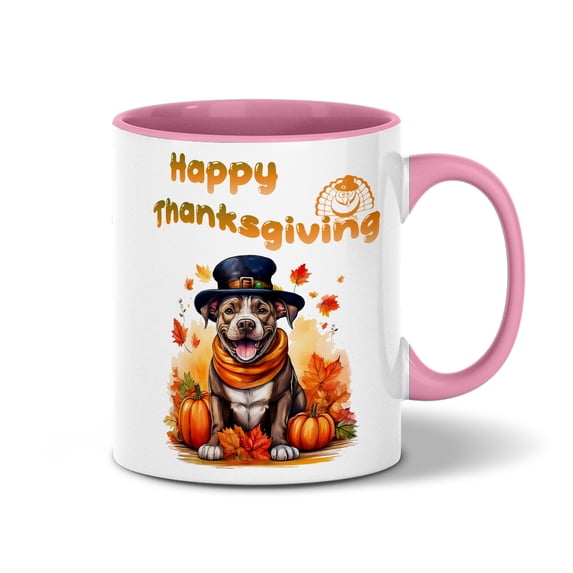 Happy Thanksgiving Pitbull Welcome Thankful Fall Autumn Pumpkin 11oz Accent Two-tone Mug Terrier Dog Lover Coffee Tea Cup - 02021