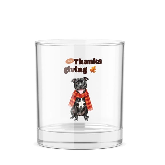 Happy Thanksgiving Pitbull with Turkey Pumpkins Autumn Vibes 11oz Whiskey Glass Mug Terrier Dog Lover Whiskey Cocktail Glasses Cup - 12018