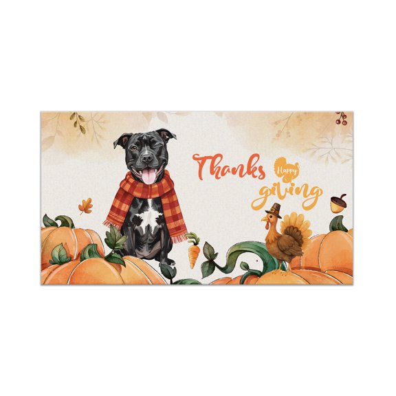 Happy Thanksgiving Pitbull with Turkey Pumpkins Autumn Vibes Doormat Terrier Dog Lover Indoor Outdoor Welcome Mat - 12018