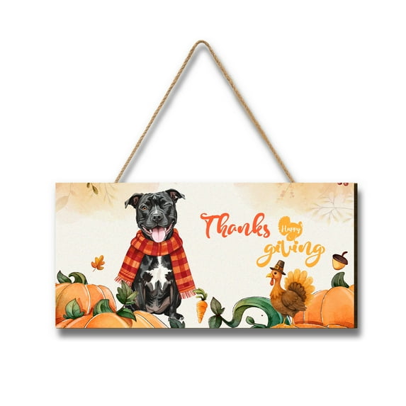 Happy Thanksgiving Pitbull with Turkey Pumpkins Autumn Vibes Landscape Wood Sign Terrier Dog Lover Hanging Wall Home Decor - 12018