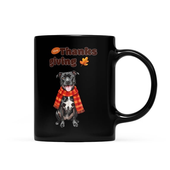 Happy Thanksgiving Pitbull with Turkey Pumpkins Autumn Vibes Mug Terrier Dog Lover Coffee Tea Cup - 12018
