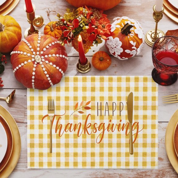 Happy Thanksgiving Placemats Set of 2, Amber Orange Plaid Backdrop Rustic Non-Slip Place Mats Washable Table Mats for Kitchen Dining Table Decorations Indoor/Outdoor