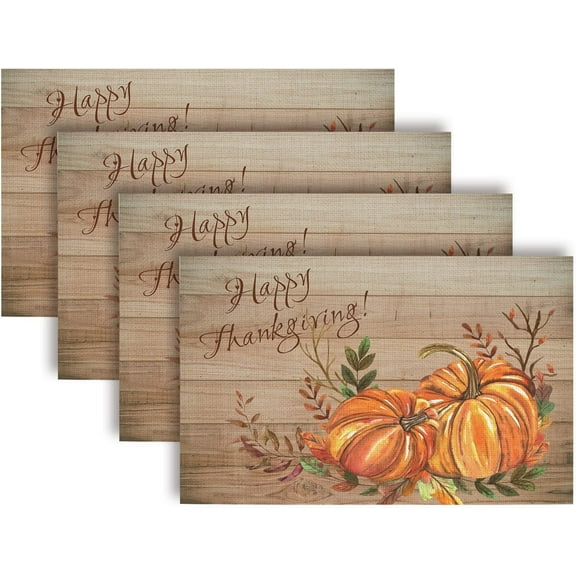 Happy Thanksgiving Placemats Set of 4, Retro Pumpkin Table Mats Linen Fabric Placemat 12 x 18 Inch Heat Resistant Table Mats for Fall Harvest Thanksgiving Home Kitchen Decor Supplies