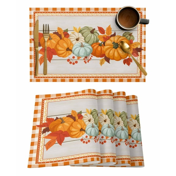 Happy Thanksgiving Placemats Set of 8 Fall Pumpkins Harvest Plaid Wood Texture Heat Insulation Washable Place Mats, Rustic Non-Slip Table Mats for Dining Table Party Kitchen Decor,13x19 Inch