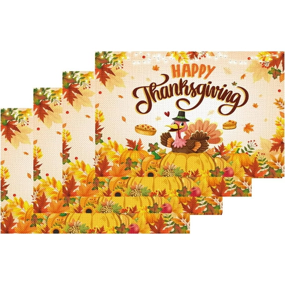 Happy Thanksgiving Placemats Set of 4, Turkey Placemats for Party Supplies, 12 x 18 Inch