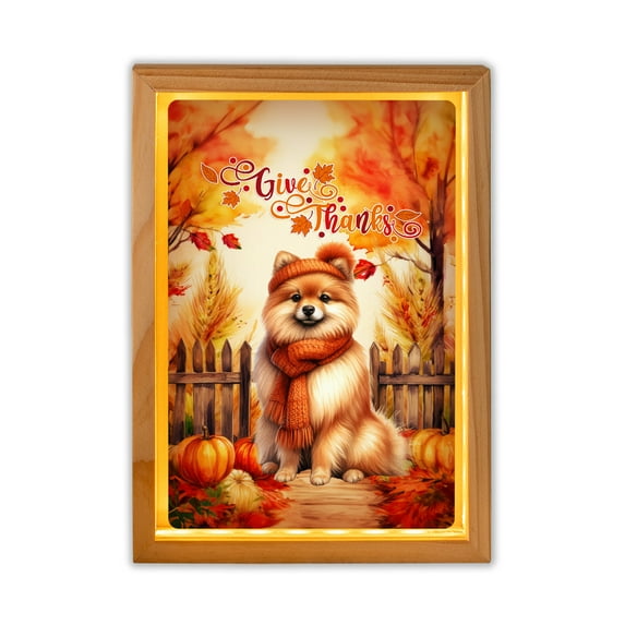 Happy Thanksgiving Pomeranian Give Thanks Fall Beanie Scarf Welcome Acrylic Plaque with Wood Photo Frame Box Pom Dog Lover Gifts Light Box - 00020