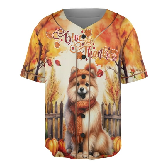 Happy Thanksgiving Pomeranian Give Thanks Fall Beanie Scarf Welcome All Over Print 3D Baseball Shirt Pom Dog Lover Gifts Softball Sport - 00020