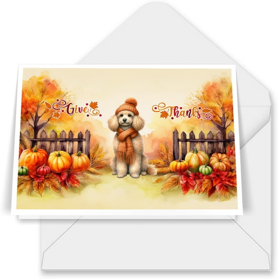 Happy Thanksgiving Poodle Give Thanks Fall Beanie Scarf Welcome 7x5in Folded Greeting Card Poodles Dog Lover Gifts Idea Single Note Card with Envelope - 00020