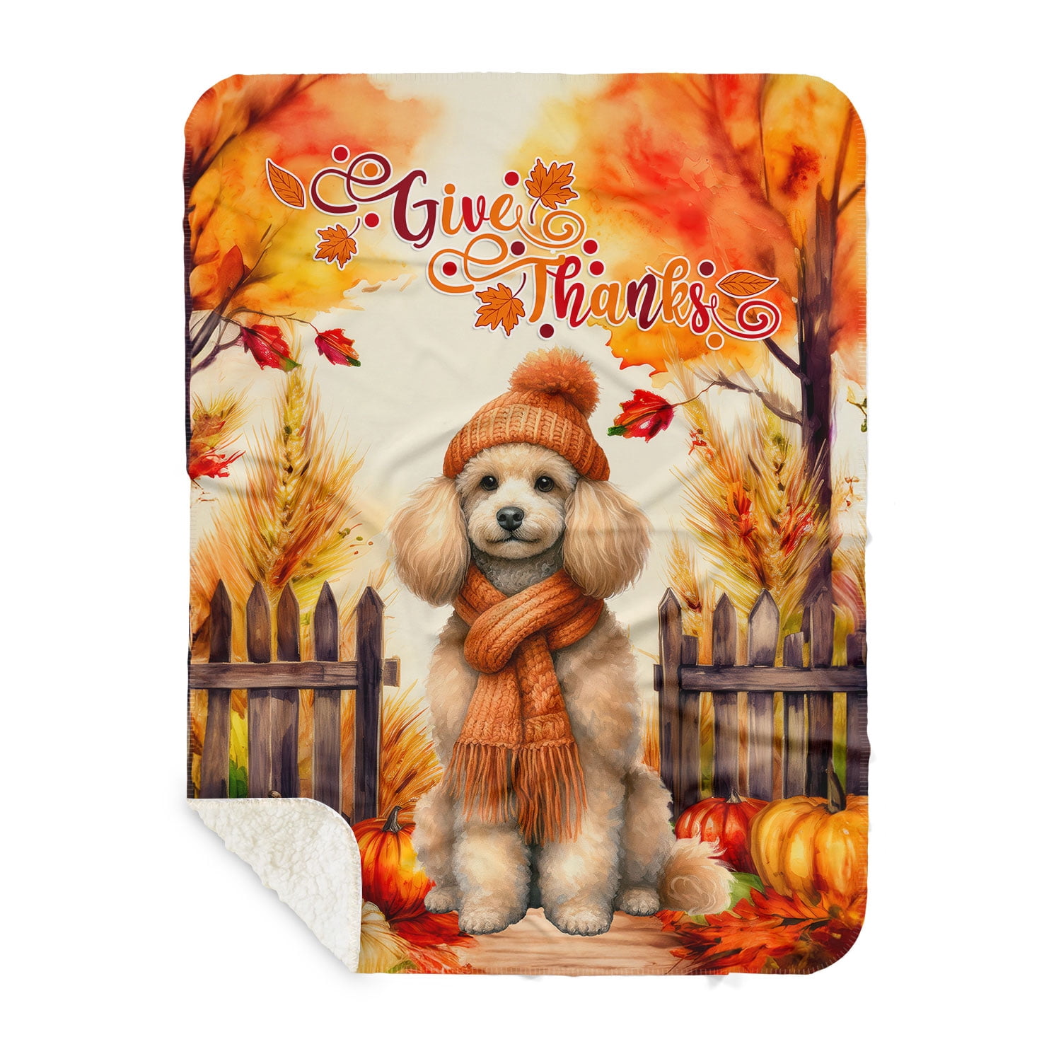 Happy Thanksgiving Poodle Give Thanks Fall Beanie Scarf Welcome Cozy Sherpa Blanket Poodles Dog Lover Gifts Idea Warm Soft Throw Blanket - 00020