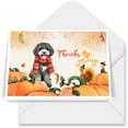 thumbnail image 1 of Happy Thanksgiving Portuguese Water Dog with Turkey Pumpkins Autumn Vibes 7x5in Folded Greeting Card PWD Portie Fishing Dog Lover Single Note Card with Envelope - 12018, 1 of 5