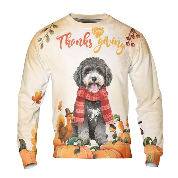 Happy Thanksgiving Portuguese Water Dog with Turkey Pumpkins Autumn Vibes All Over Print 3D Sweatshirt Unisex Merch PWD Portie Fishing Dog Lover - 12018