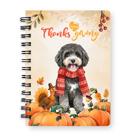 Happy Thanksgiving Portuguese Water Dog with Turkey Pumpkins Autumn Vibes Spiral Bound Journal PWD Portie Fishing Dog Lover 5x7in Spiral Notebook - 12018