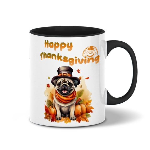Happy Thanksgiving Pug Welcome Thankful Fall Autumn Pumpkin 11oz Accent Two-tone Mug Dog Lover Gifts Coffee Tea Cup - 02021