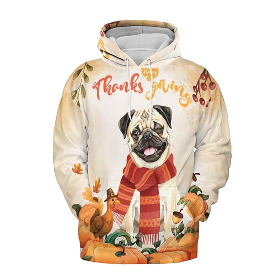 Happy Thanksgiving Pug with Turkey Pumpkins Autumn Vibes All Over Print 3D Hoodie Unisex Merch Hoodies Dog Lover Gifts - 12018