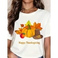 thumbnail image 1 of Happy Thanksgiving Pumpkin Pilgrim Hat Autumn Leaves Fall Festival Graphic Tee Women Casual Holiday Celebration Top, 1 of 6