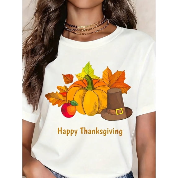 Happy Thanksgiving Pumpkin Pilgrim Hat Autumn Leaves Fall Festival Graphic Tee Women Casual Holiday Celebration Top