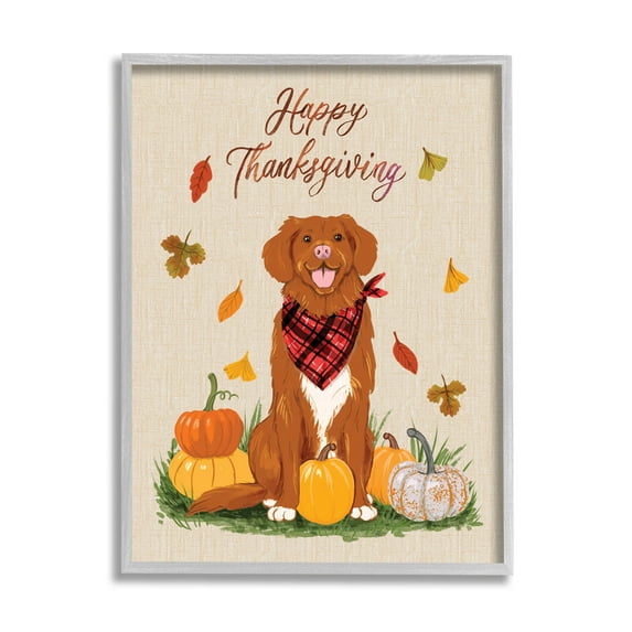 Happy Thanksgiving Pumpkins Dog Holiday Graphic Art Gray Framed Art Print Wall Art