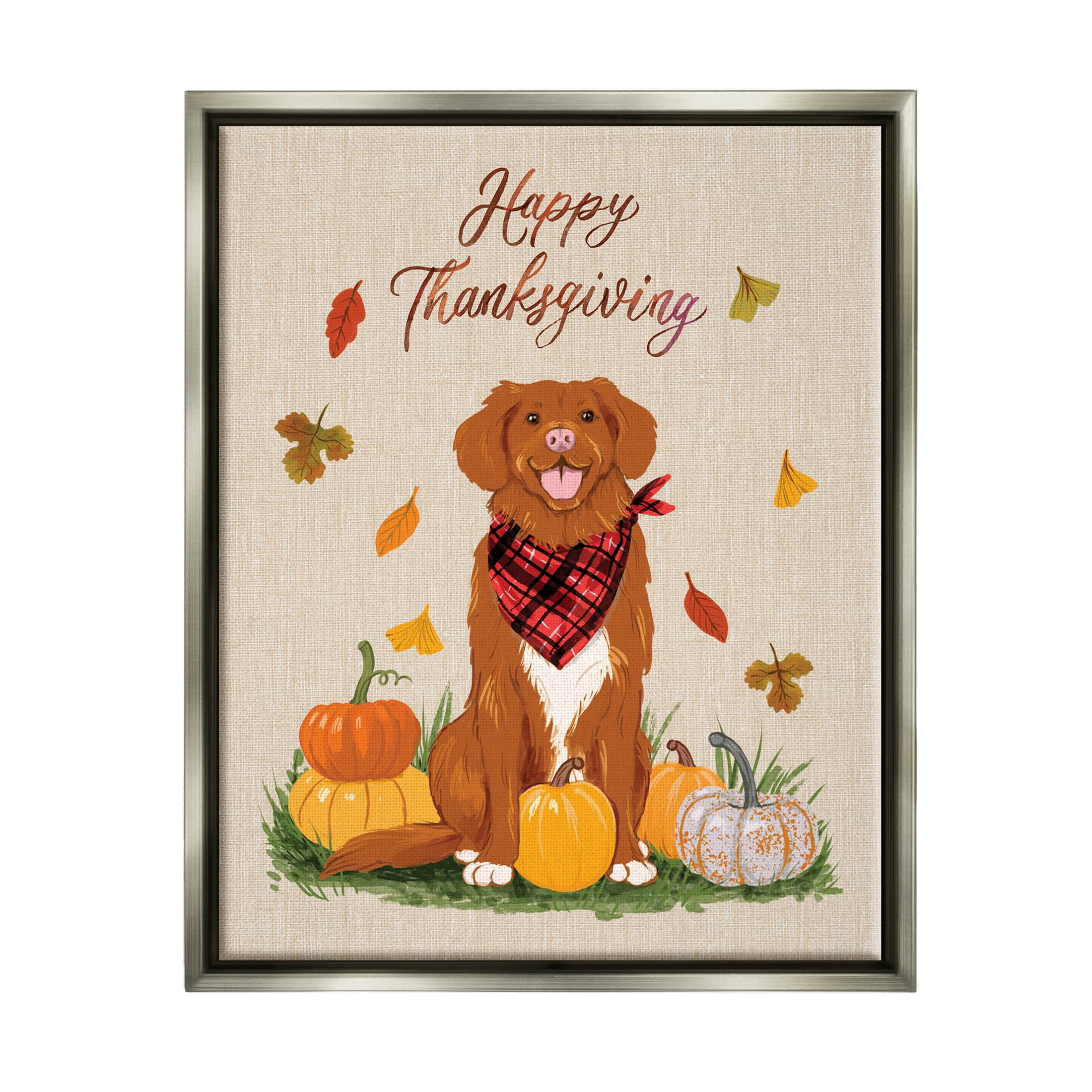 Happy Thanksgiving Pumpkins Dog Holiday Graphic Art Luster Gray Framed Art Print Wall Art