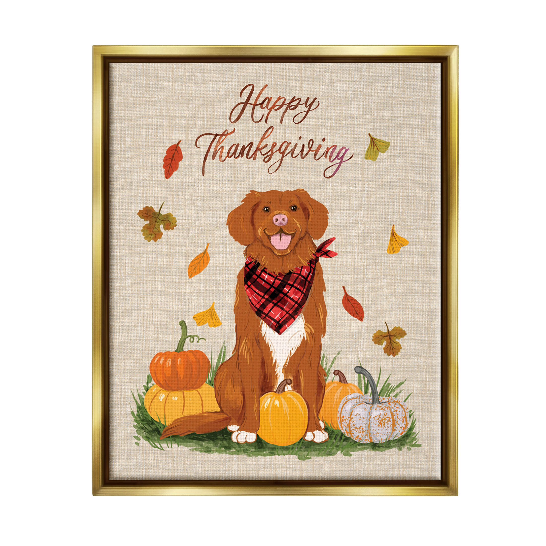 Happy Thanksgiving Pumpkins Dog Holiday Graphic Art Metallic Gold Framed Art Print Wall Art