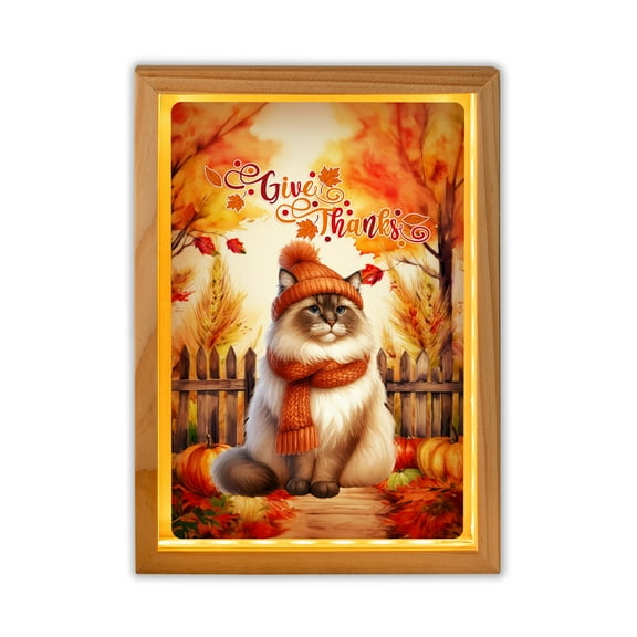 Happy Thanksgiving Ragdoll Give Thanks Fall Beanie Scarf Welcome Acrylic Plaque with Wood Photo Frame Box Cat Lover Kitten Owner Gifts Idea Light Box - 00020
