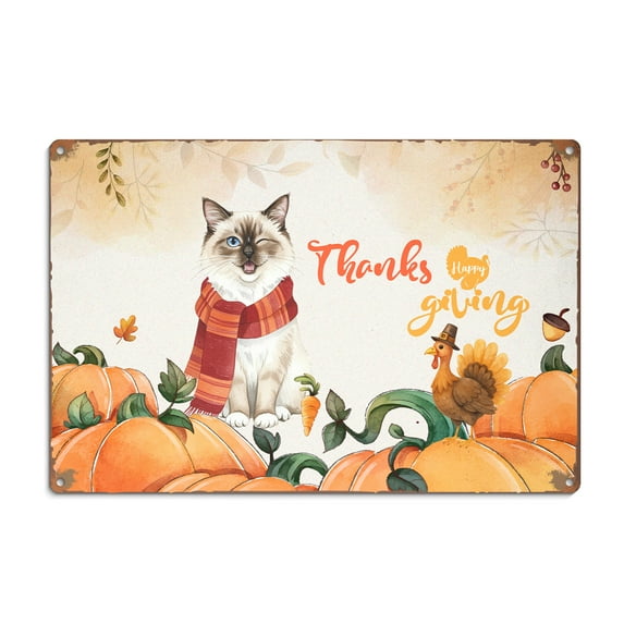 Happy Thanksgiving Ragdoll with Turkey Pumpkins Autumn Vibes Horizontal Metal Aluminum Sign Cat Lover Kitten Owner Gifts Idea Wall Art Home Decor - 12018