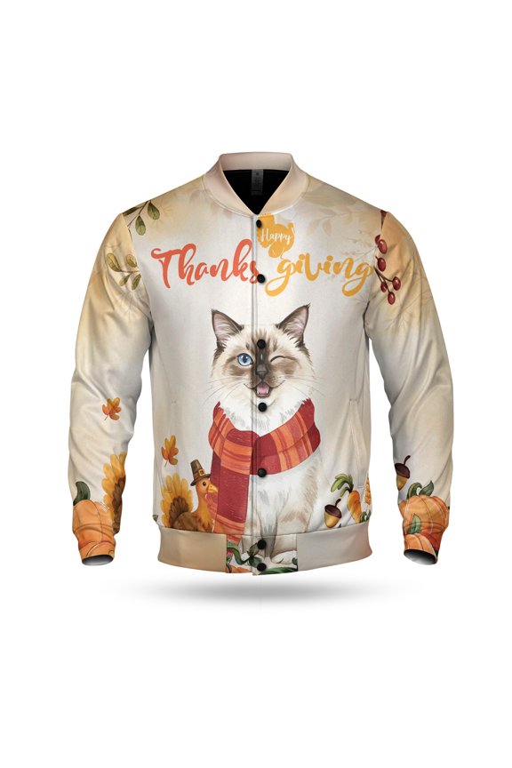 Happy Thanksgiving Ragdoll with Turkey Pumpkins Autumn Vibes All Over Print 3D Baseball Jacket Cat Lover Kitten Owner Gifts Idea Bomber Jacket Softball - 12018