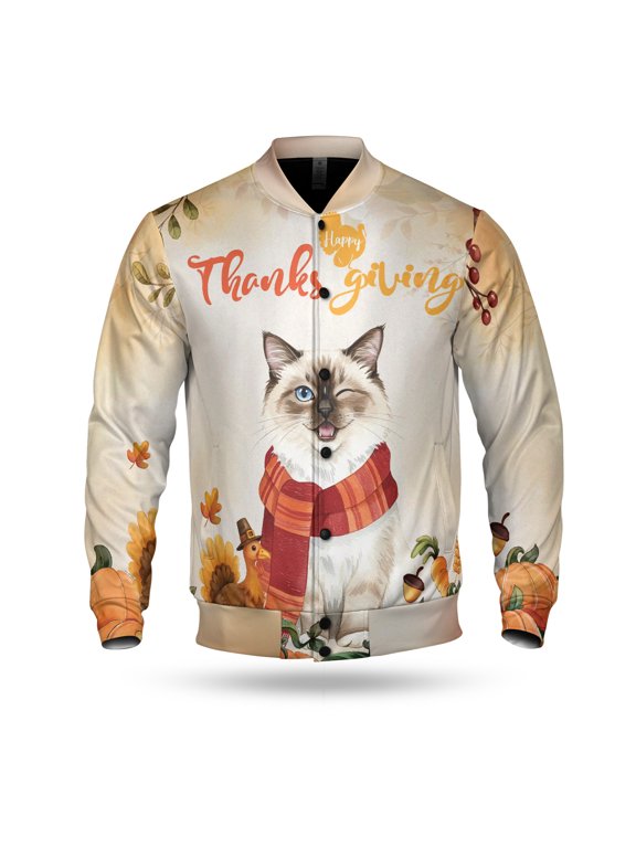 Happy Thanksgiving Ragdoll with Turkey Pumpkins Autumn Vibes All Over Print 3D Baseball Jacket Cat Lover Kitten Owner Gifts Idea Bomber Jacket Softball - 12018