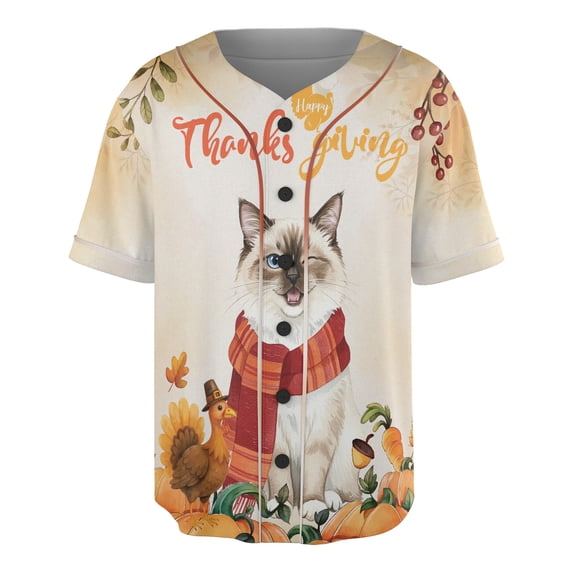 Happy Thanksgiving Ragdoll with Turkey Pumpkins Autumn Vibes All Over Print 3D Baseball Shirt Cat Lover Kitten Owner Gifts Idea Softball Sport - 12018