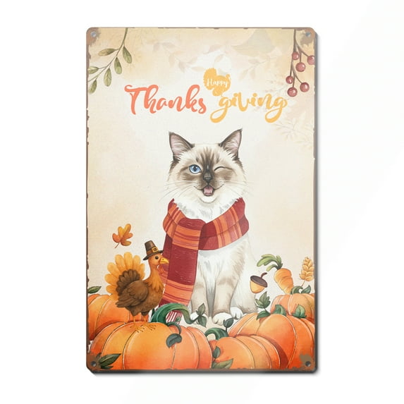 Happy Thanksgiving Ragdoll with Turkey Pumpkins Autumn Vibes Vertical Metal Aluminum Sign Cat Lover Kitten Owner Gifts Idea Wall Art Home Decor - 12018
