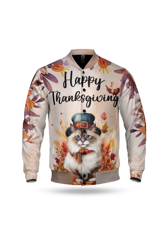 Happy Thanksgiving Ragdoll Welcome Thankful Fall Autumn Pumpkin All Over Print 3D Baseball Jacket Cat Lover Kitten Owner Gifts Idea Bomber Jacket Softball - 02021