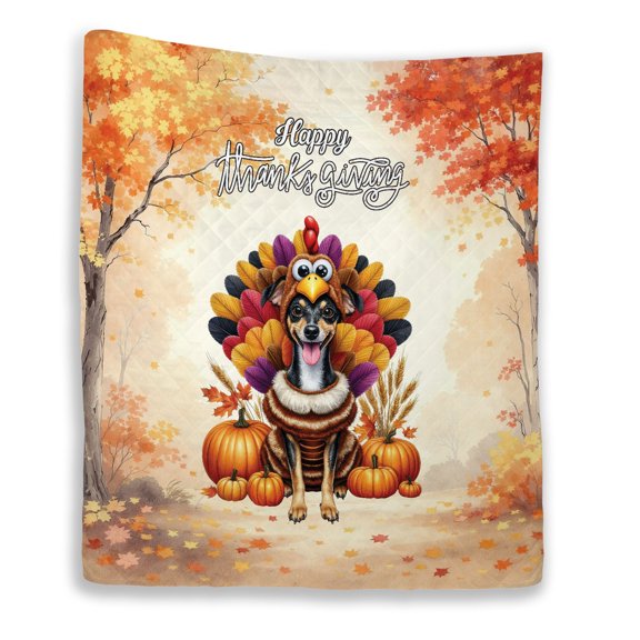 Happy Thanksgiving Rat Terrier Turkey Costume Pumpkins Autumn Leaves Quilt Blanket Ratty Dog Lover Cozy Comforter Throw Blanket - 130144
