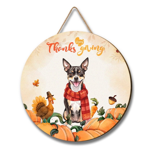 Happy Thanksgiving Rat Terrier with Turkey Pumpkins Autumn Vibes Round Wood Sign Ratty Dog Lover Hanging Wall Home Decor - 12018