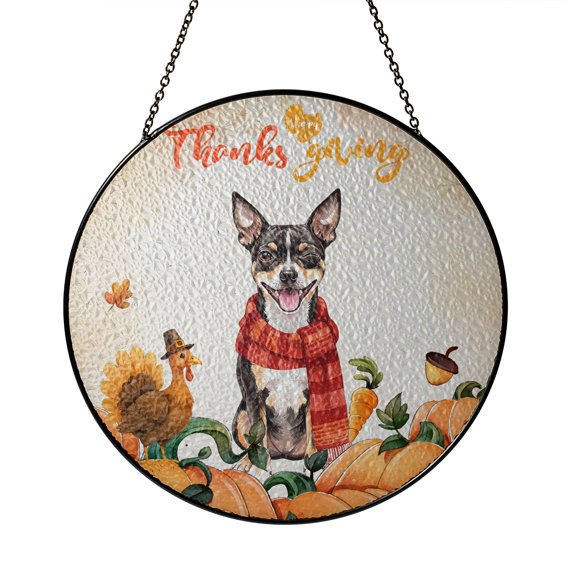 Happy Thanksgiving Rat Terrier with Turkey Pumpkins Autumn Vibes Stained Glass Suncatcher Ratty Dog Lover Window Hanging Sign Decor - 12018