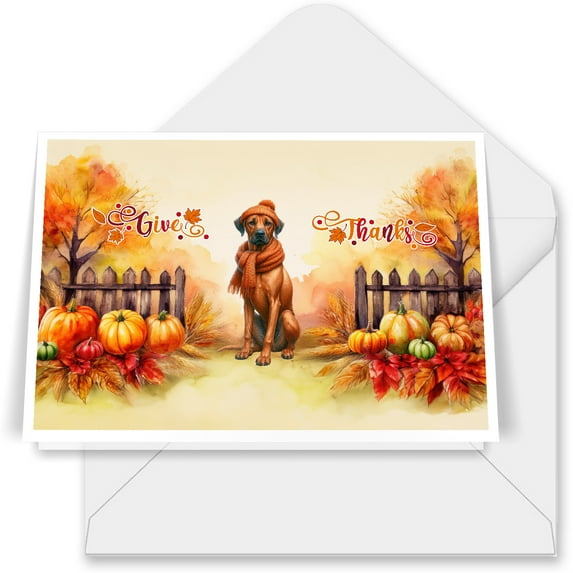 Happy Thanksgiving Rhodesian Ridgeback Give Thanks Fall Beanie Scarf Welcome 7x5in Folded Greeting Card Ridgebacks Dog Lover Gifts Single Note Card with Envelope - 00020