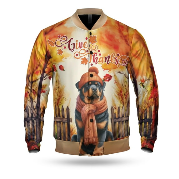 Happy Thanksgiving Rottweiler Give Thanks Fall Beanie Scarf Welcome All Over Print 3D Baseball Jacket Rottie Dog Lover Gifts Idea Bomber Jacket Softball - 00020